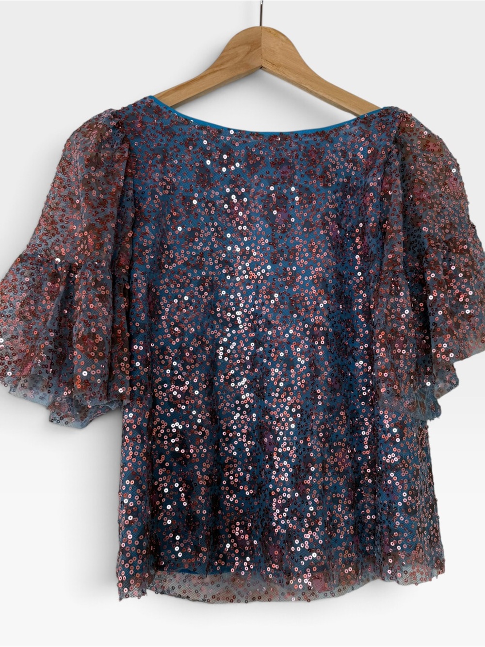 Maeve Anthropologie Sequin Mesh Top Teal Pink Bell Sleeve XS